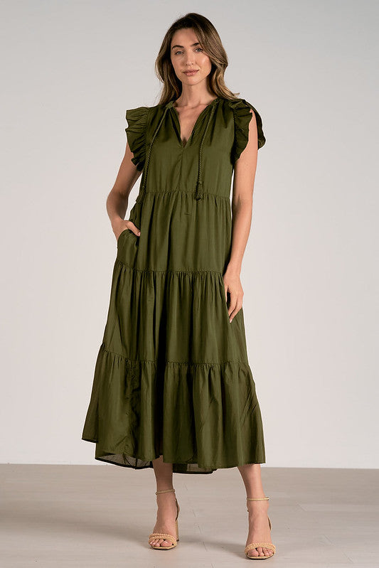 LONG TIERED DRESS-OLIVE