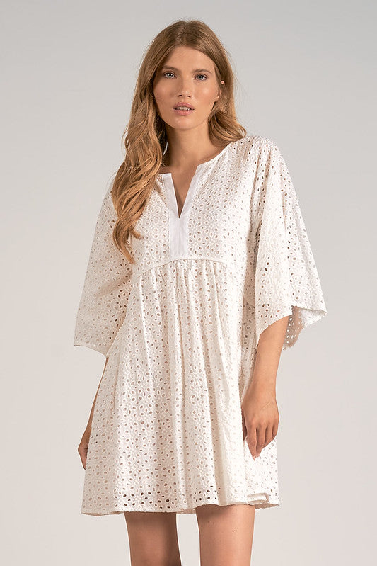 SHORT SLEEVE EYELET DRESS-WHITE