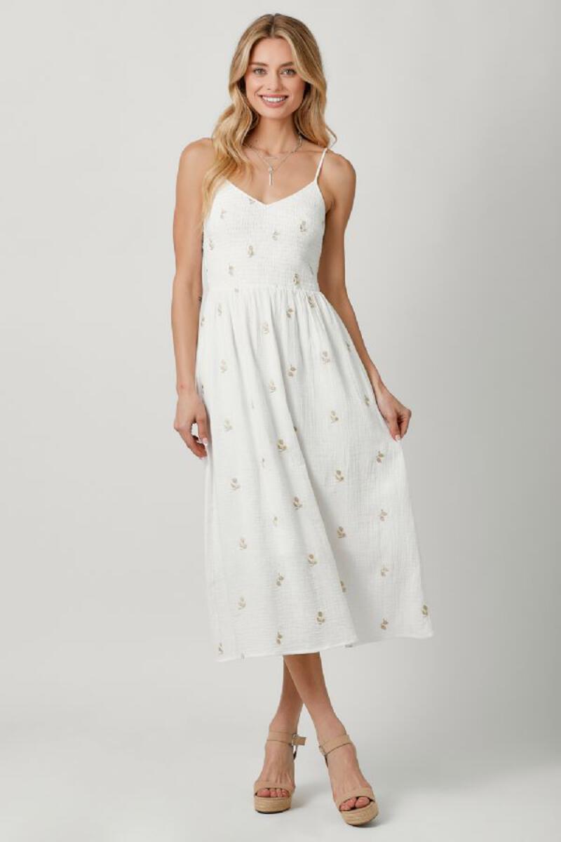 EMBROIDERED FLORAL MIDI DRESS-WHITE