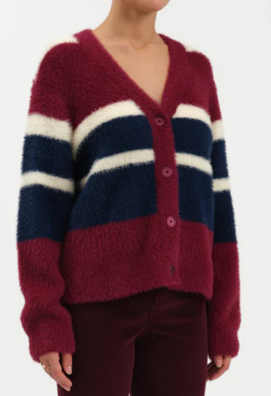 BLEEKER FUZZY CARDIGAN - FIG MULTI STRIPE