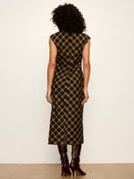 Sanctuary Autumn Edit Dress in Autumn Goldie Plaid — back view on model, midi length, cap sleeves, dark burgundy knee-high boots