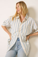 Free People Freddie Striped Shirt in Ivory Combo, worn by model, oversized fit with blue stripes, chest pocket, short sleeves