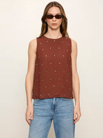Sanctuary Margo Embellished Shell Top in Burnt Cocoa, sleeveless crew neck with scattered pearl studs, front view on model with jeans