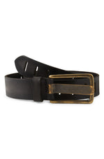 Free People WTF Jona Belt in black leather with antique brass rectangular buckle, coiled flat lay on white background
