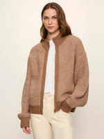 Sanctuary Zip Up Sweater Jacket in Heather Cocoa, chunky knit with mock neck and zip front, worn by model over white tee