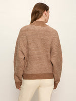 Sanctuary Zip Up Sweater Jacket in Heather Cocoa, back view on model, chunky ribbed knit with contrast hem band and long sleeves