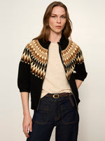 Sanctuary Fairisle Zip Up Poconos cardigan in black with tan and cream geometric Fair Isle yoke pattern, modeled front view