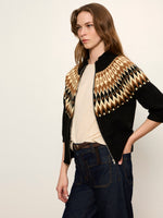 Sanctuary Fairisle Zip Up Poconos cardigan in black with tan and cream Fair Isle yoke pattern, worn by model with dark jeans