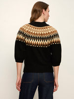 Sanctuary Fairisle Zip Up Poconos sweater, back view on model — black with tan, brown, and cream Fair Isle yoke pattern, 3/4 puff sleeves