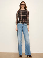Sanctuary Mesh 3/4 Sleeve Top in Cinder Plaid worn by model with wide-leg light wash jeans, front view
