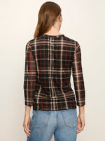 Sanctuary Mesh 3/4 Sleeve Top in Cinder Plaid, back view on model, dark plaid pattern with red and tan accents, paired with blue jeans