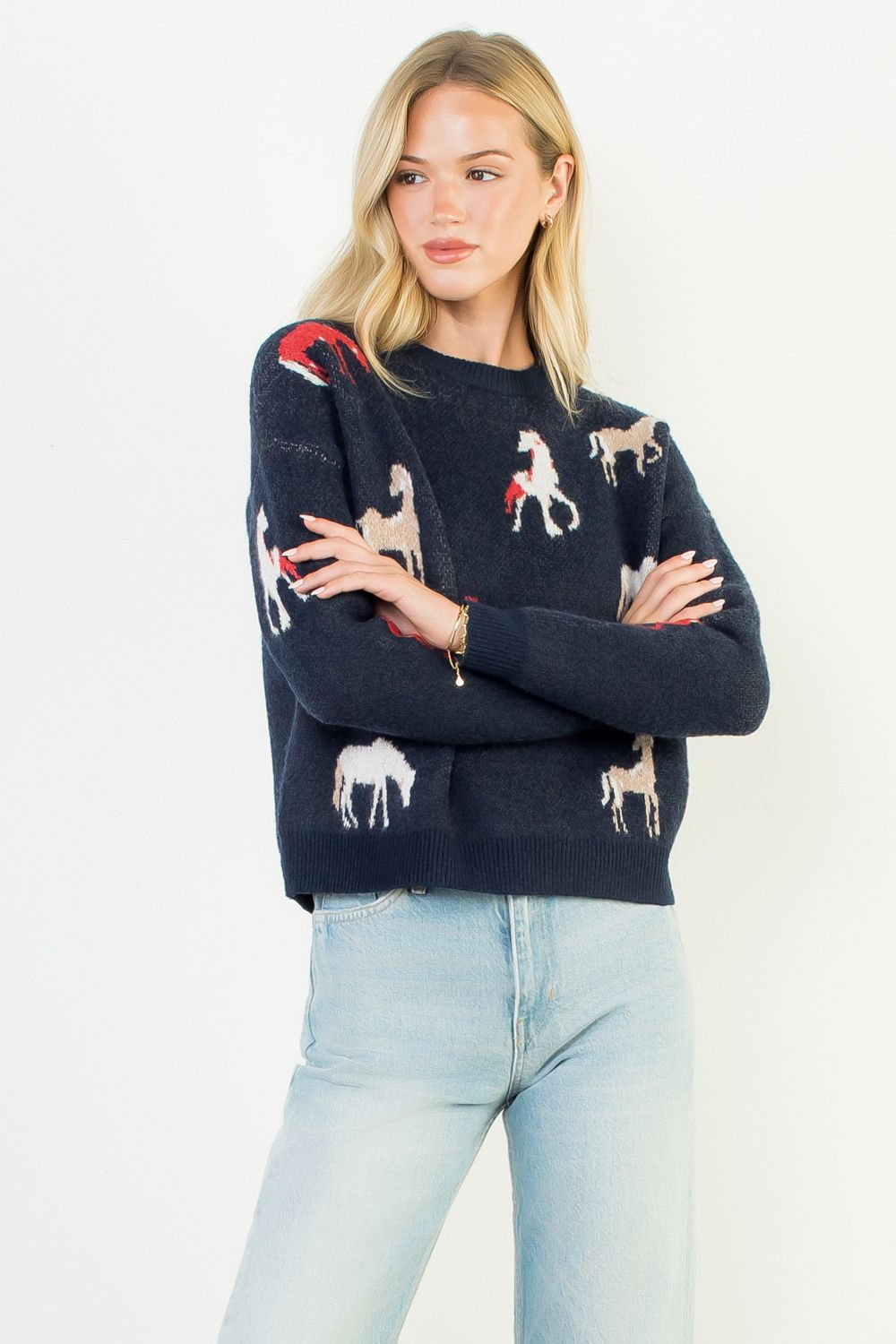 CREWNECK SWEATER W/HORSE PRINTS