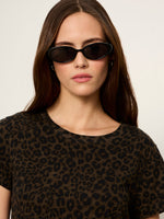 Sanctuary The Perfect Tee in Kalamata Leo leopard print, dark olive and black, worn by model with sunglasses, front view