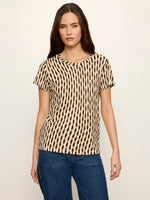 Sanctuary The Perfect Tee in Inkblot, a beige and dark brown wavy stripe print short-sleeve crewneck tee, front view on model.