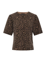 Sanctuary Perfect Sweater Tee in Le Cat leopard print, tan and black, short sleeves, crew neck, front flat lay view