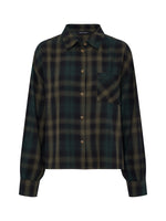 Sanctuary Autumn Edit Flannel in Forest Plaid — dark green, black, and olive plaid button-front shirt with chest pocket, front view