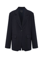 Sanctuary Maci Blazer in navy pinstripe, single-button front, notch lapel, flap pockets, flat lay front view