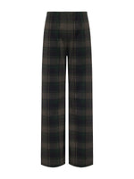 Sanctuary Relay Pull On Pant in Kalamata Plaid, wide-leg silhouette with dark green and brown tartan pattern, front flat lay view