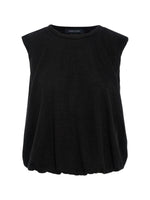 Sanctuary Quinn Bubble Shell in black — sleeveless top with crew neck, cap shoulders, and gathered bubble hem, front flat lay view