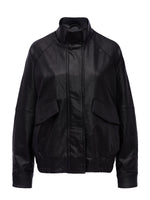 Sanctuary Alana Jacket in black faux leather with stand collar, zip front, flap pockets, and elastic hem — front flat lay view