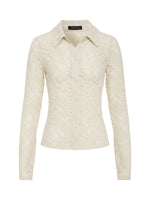 Sanctuary Dreamer Lace Shirt in bone, front view flat lay showing floral lace fabric, button front, collar, and long sleeves