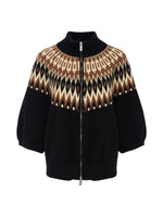 Sanctuary Fairisle Zip Up Poconos sweater, black with brown and cream Fair Isle yoke pattern, front zip, balloon sleeves, flat lay