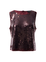 Sanctuary Desired Pailette Shell in Bordeaux, sleeveless top with large disc sequins, round neckline, front flat lay view