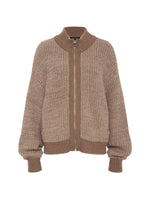 Sanctuary Zip Up Sweater Jacket in Heather Cocoa, chunky knit front view with ribbed cuffs and hem, silver zipper