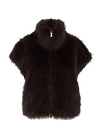 Sanctuary Silky Fur Vest in deep espresso brown with zip front, high collar, and short cap sleeves, front flat lay view