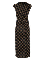 Sanctuary Autumn Edit Dress in Autumn Goldie Plaid — black and tan diagonal plaid midi dress with ruched waist and cap sleeves, front view