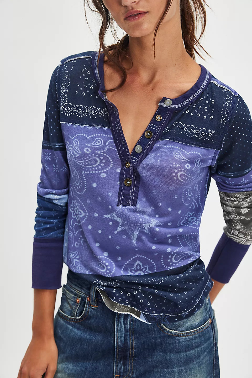 INDIE PRINTED CUFF HENLEY - INDIGO COMBO