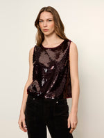 Sanctuary Desired Pailette Shell in Bordeaux — sleeveless sequin tank top with deep burgundy tones, front view on model