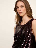 Sanctuary The Desired Pailette Shell in Bordeaux — model wearing sleeveless sequin top in deep wine red, close-up front view