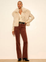 Sanctuary Dreamer Lace Shirt in Bone, long-sleeve floral lace top styled under a fur vest with brown flare pants, front model view