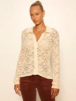Sanctuary Dreamer Lace Shirt in bone — sheer floral lace button-down with collar and long sleeves, front view on model