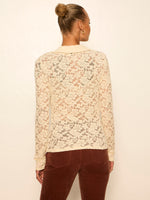 Sanctuary Dreamer Lace Shirt in Bone — back view on model, sheer floral lace, long sleeves, collar, paired with rust corduroy pants