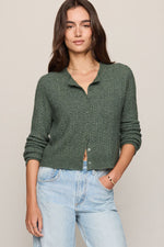 Z SUPPLY Medina Pointelle Cardigan in Monstera green, cable-knit front, button closure, worn by model with light-wash jeans