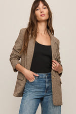 Z SUPPLY Evan Check Blazer in dark chocolate houndstooth, worn open over black tank with jeans, front view on model
