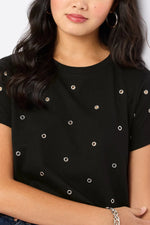GROMMET EMBELLISHED TEE-BLACK