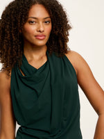 Sanctuary Nora Draped Tank in forest green with cowl neckline and halter silhouette, shown on model, close-up front view