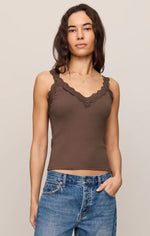 Z SUPPLY Eve Lace Tank in Cocoa Latte — front view on model, brown ribbed cami with scalloped lace V-neckline, paired with blue jeans.