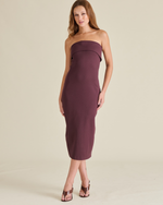Steve Madden Roslynn Dress in Chocolate — strapless fold-over midi bodycon dress on model, front view, with brown heeled sandals