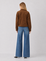 Z SUPPLY Corin Bubble Hem Jacket in Saddle Suede brown, back view on model styled with wide-leg blue jeans