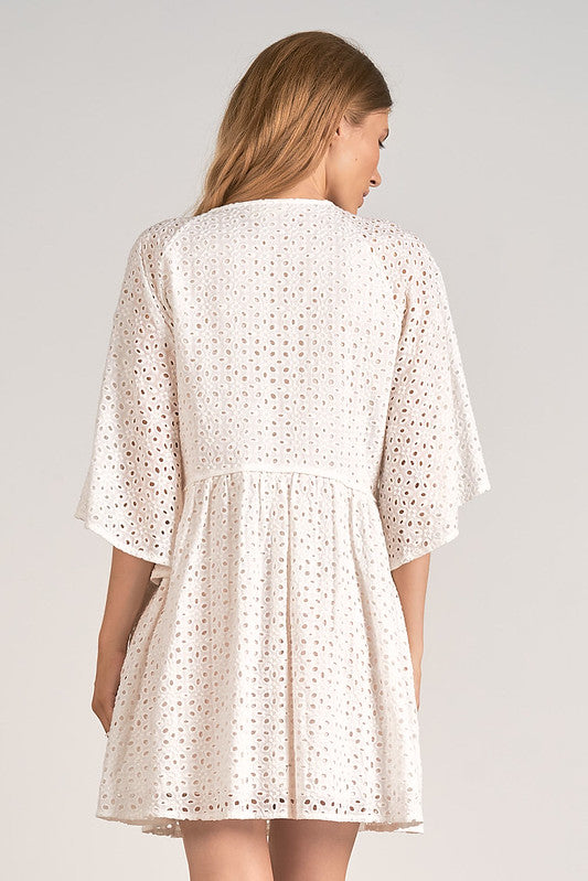 SHORT SLEEVE EYELET DRESS-WHITE