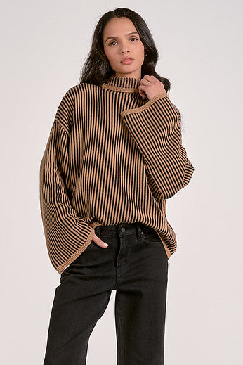 STRIPED BELL SLEEVE SWEATER-BLACK/TAN
