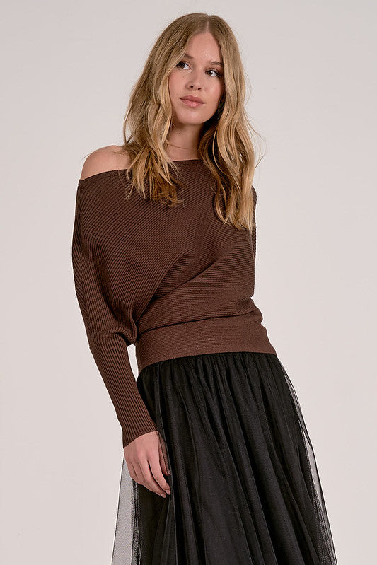 OFF SHOULDER RIB KNIT TOP-DARK CHOCOLATE