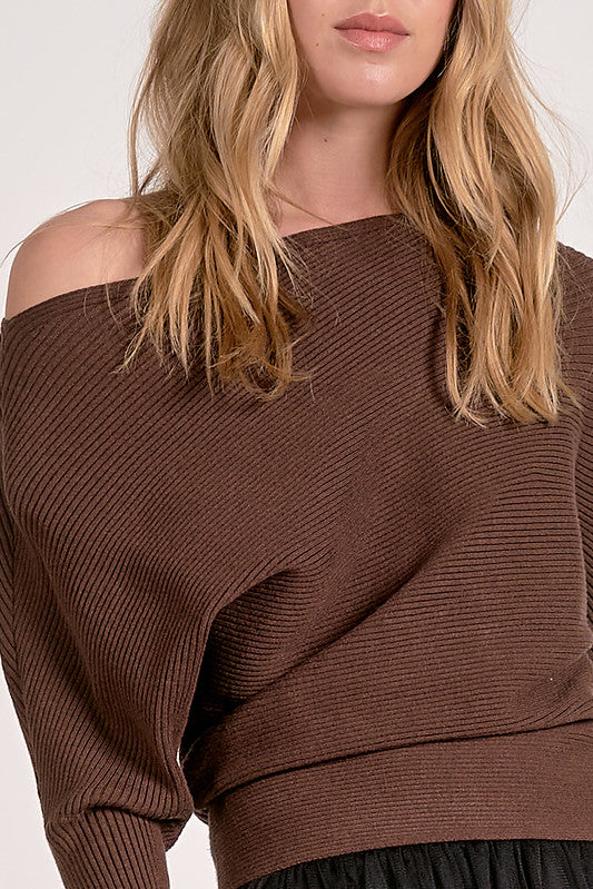 OFF SHOULDER RIB KNIT TOP-DARK CHOCOLATE