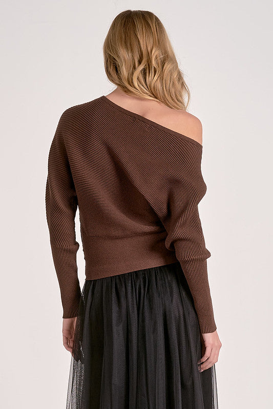 OFF SHOULDER RIB KNIT TOP-DARK CHOCOLATE
