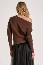 OFF SHOULDER RIB KNIT TOP-DARK CHOCOLATE