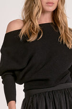 OFF SHOULDER RIB KNIT TOP-BLACK